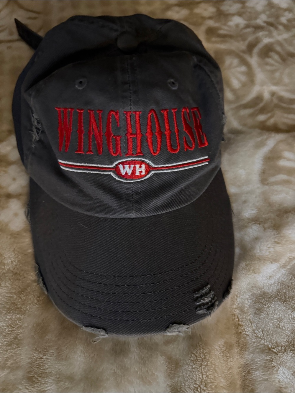 Distressed Winghouse Embroidered gray Cap with Red Logo